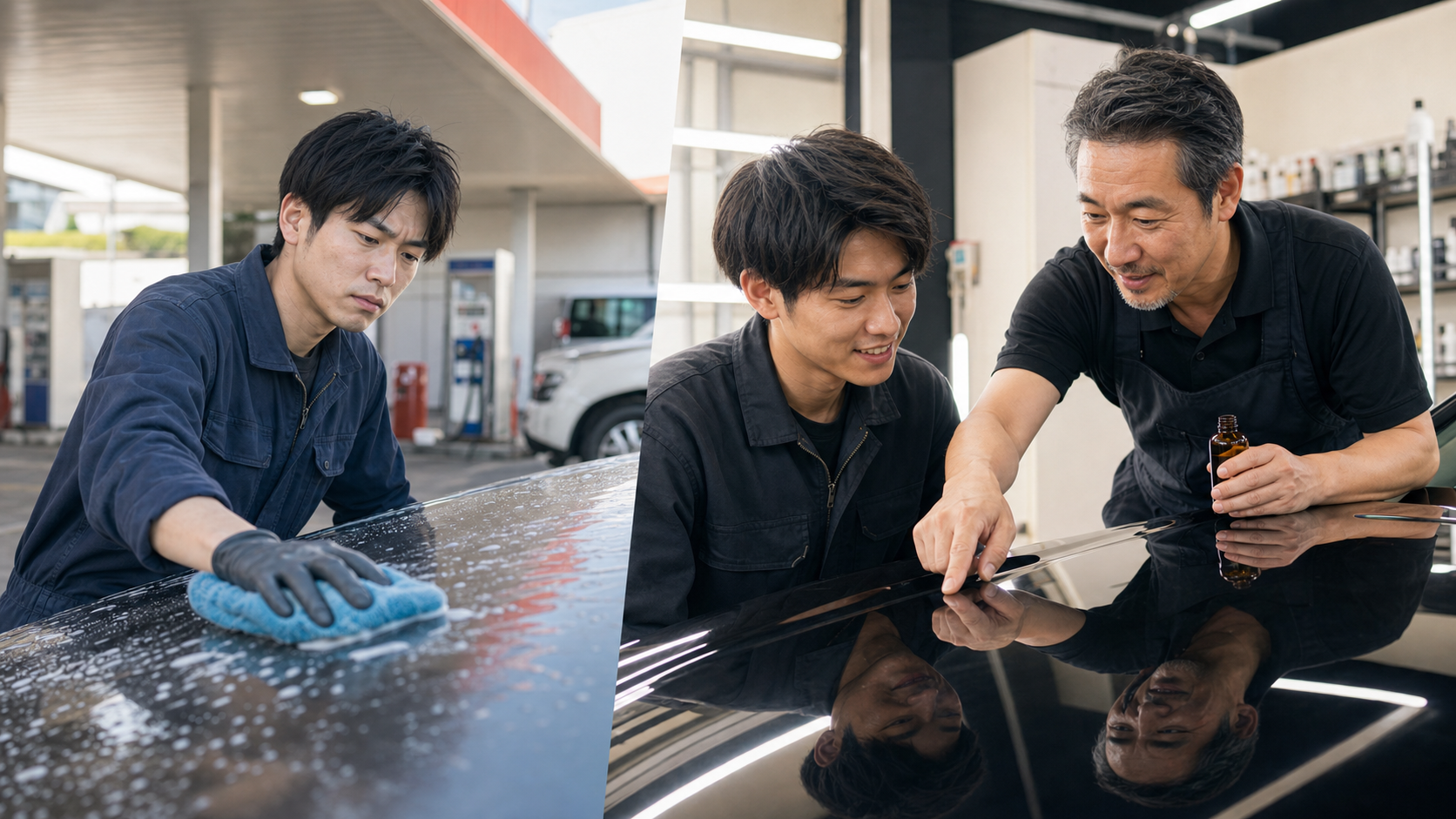 ガソスタ洗車経験の若手のビフォーアフターイメージ