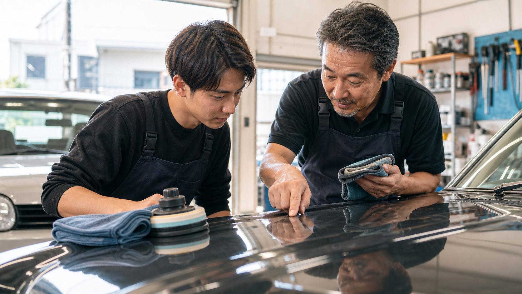 カーコーティング技術を先輩から教わるスタッフ